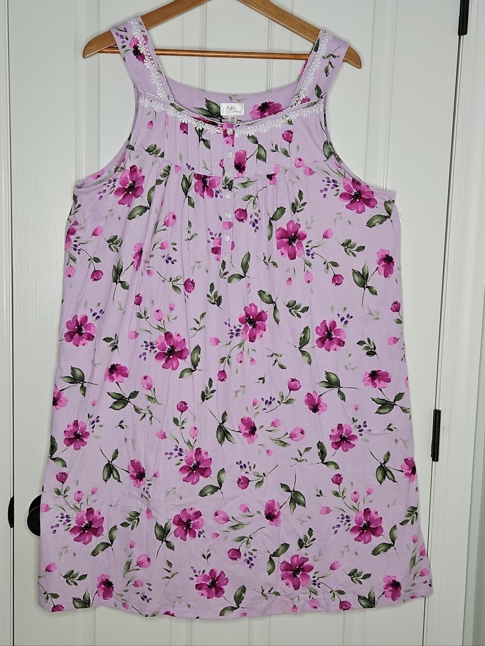 Aria Purple Floral Nightgown 2X Womens Sleeveless Pockets Lace Trim 100% Cotton